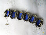 GORGEOUS Art Deco Bracelet,Art Glass Silver Metal Bracelet,Ornate Bracelet,Wide Cuff Bracelet,Blue Slag Glass,Collectible Vintage Jewelry