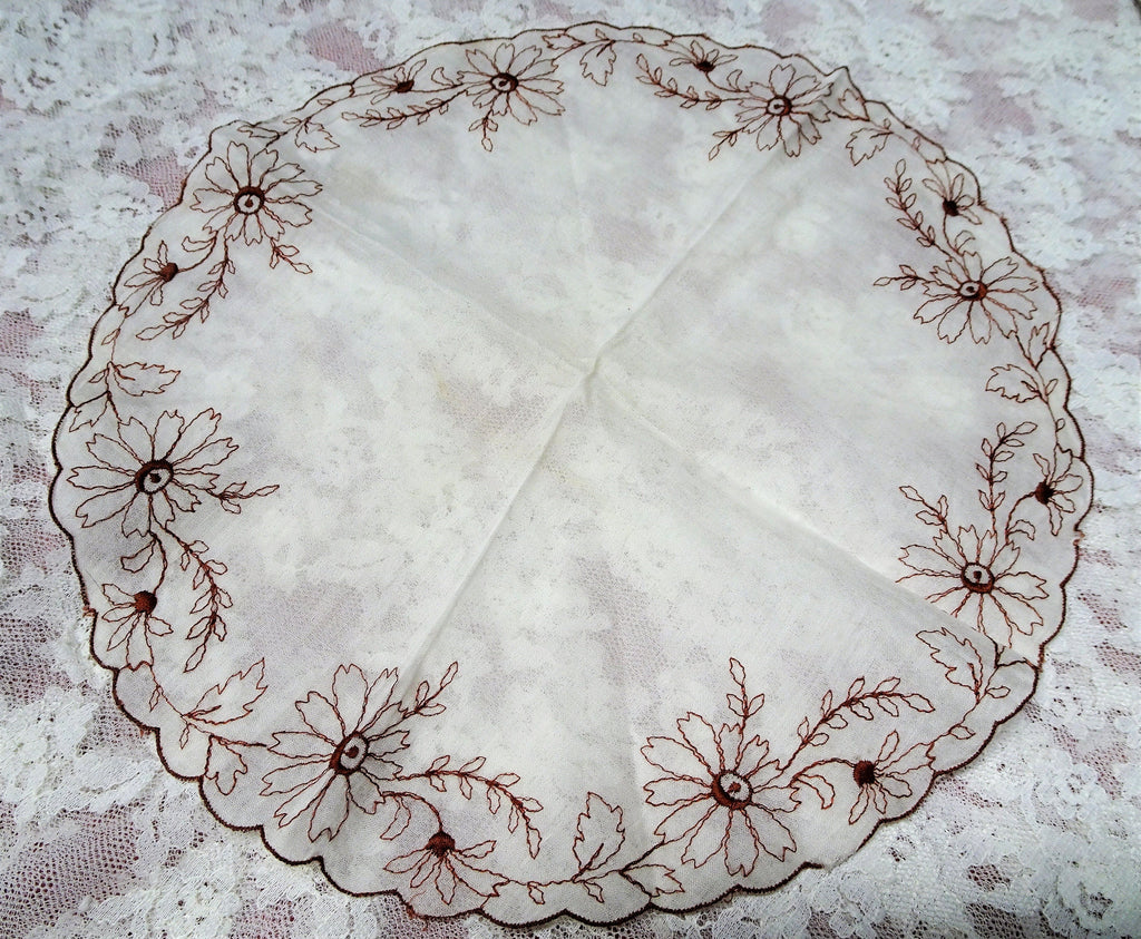 50s VINTAGE Embroidered ROUND Hanky,Brown Floral Handkerchief,Collectible Hankies,Shabby Chic Hankie,Mid Century,Collectible Vintage Hankies