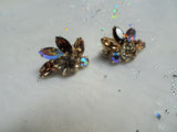 SPARKLING Sherman Signed Vintage 50s Glass Earrings,GLITTERING Topaz and Aurora Borealis,Rhinestone Clip Ons,Collectible Mid Century Jewelry
