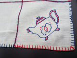 VINTAGE Farm House Luncheon Tea Tablecloth Off White and French Blue Red Embroidery,French Country,Cottage Decor, Collectible Vintage Linens
