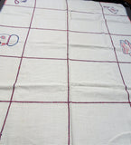 VINTAGE Farm House Luncheon Tea Tablecloth Off White and French Blue Red Embroidery,French Country,Cottage Decor, Collectible Vintage Linens