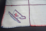 VINTAGE Farm House Luncheon Tea Tablecloth Off White and French Blue Red Embroidery,French Country,Cottage Decor, Collectible Vintage Linens