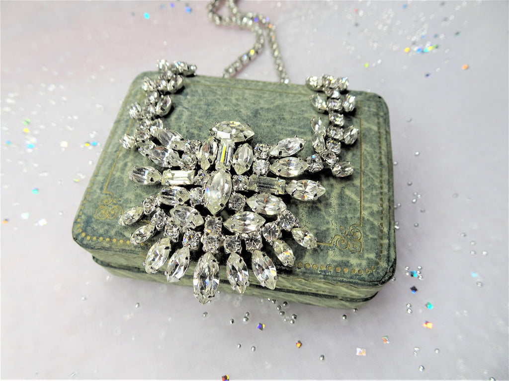 GLAMOROUS Art Deco Design Large Pendant Necklace,Sparkling Bridal Glass Necklace,Sterling Silver,Vintage Evening,Collectible Jewelry