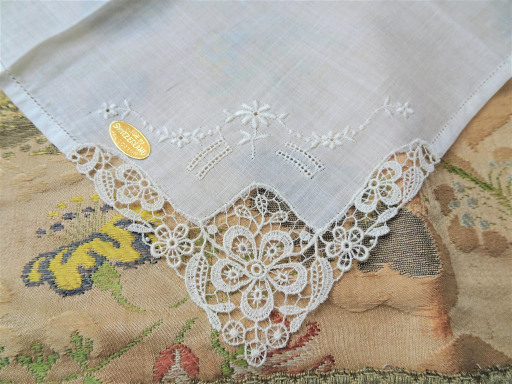 BEAUTIFUL Vintage Swiss Hand Embroidered Hanky,Bridal Handkerchief,White Work Hankie,Original Label,Never Used,Collectible Vintage Hankies