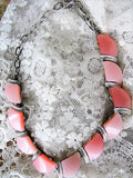 LUSH 1950s Signed Designer CORO Pink Moon Glow Thermoplastic and Silver Tone Metal Necklace Wear or Collect Vintage Costume Jewelry
