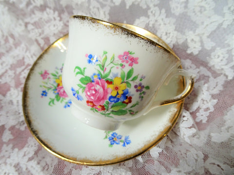 LOVELY Colclough Fine English Bone China Teacup and Saucer,Beautiful Colorful Flowers,Lush Gold Trim,Collectible Vintage Teacups