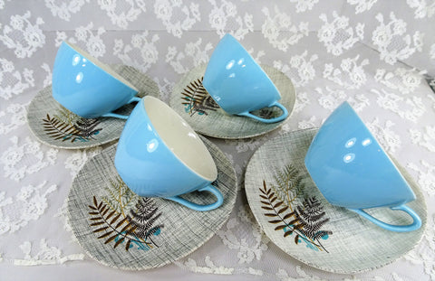 1950s MID CENTURY J&G Meakin Set of Cups and Saucers,Rock Fern Pattern,Square Sol Design Teacups and Saucers,Collectible Mid Century Modern