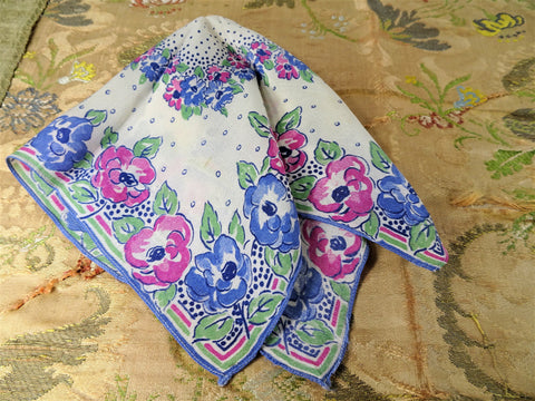 1930s ART DECO Hanky,Silky Hankies, Printed Flowers Hanky,Colorful Vintage Hankies,Collectible Vintage Hankies