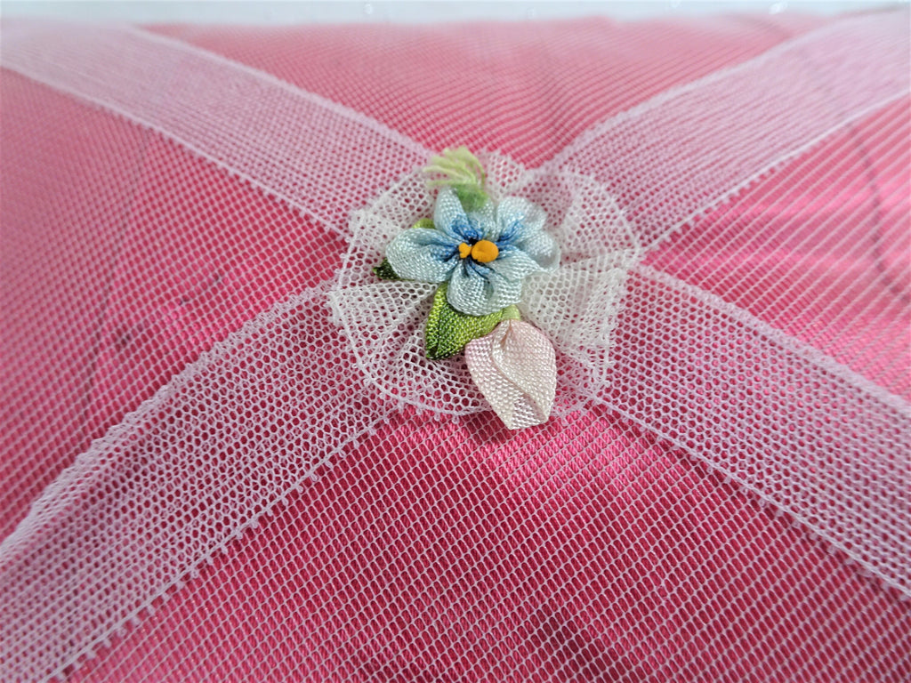 Antique FRENCH Boudoir Pillow,Hat Pin Pillow, Silk Ribbon Rosettes,Wedding Ring Pillow,Boudoir Display,Vanity Collectibles