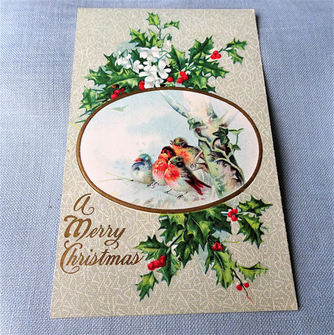 ANTIQUE Christmas Greeting Card,Postcard, Beautiful Little Birds, Lovely Colors,Decorative Holiday Decor,Collectible Holiday Cards