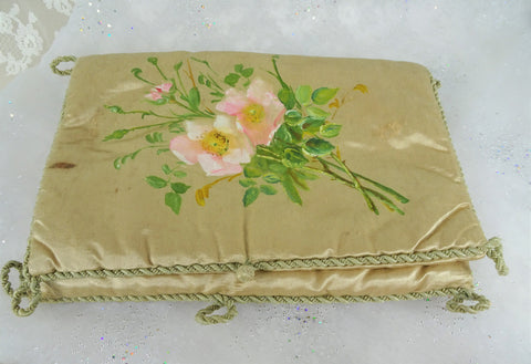Antique FRENCH HANKY HOLDER Case,Hand Painted Pink Roses Handkerchief Fold,Hankie Keeper,Lingerie Case,Boudoir Hankies Display,French Decor