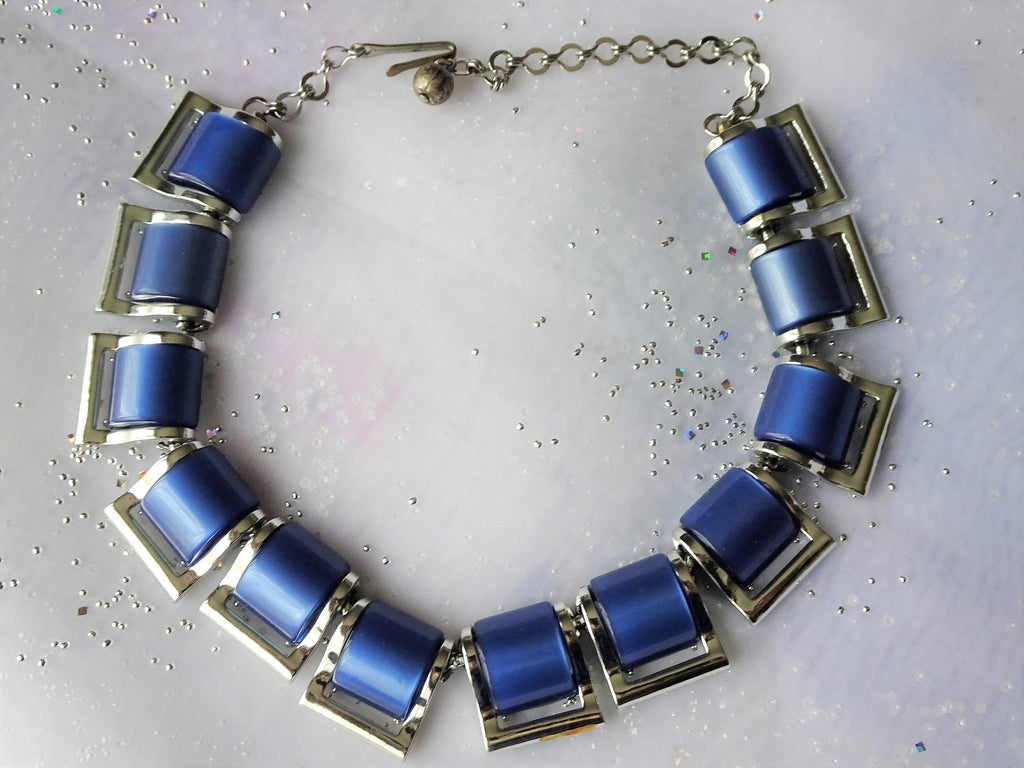 LOVELY Vintage Lucite Moon Glow Necklace, Mid Century Modern Necklace, Luminous Blue and Silver Tone Metal, Collectible Vintage Jewelry
