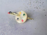UNIQUE Vintage Brooch For The Artist, Paint Brushes Pallet Brooch, Lustrous Mother of Pearl Enamel Pin,MCM Jewelry,Collectible Jewelry