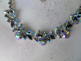 LOVELY Mid Century Necklace,Sparkling Faceted Crystal Glass Stones,Blues,Ab Stones,Intricate Silver Tone Metal, Collectible Vintage Jewelry