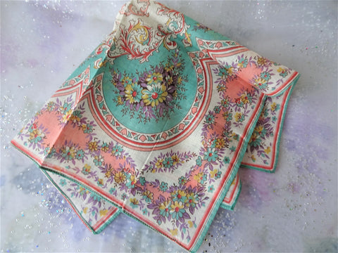 LOVELY Vintage Printed Floral Hanky,Handkerchief To Frame,Collectible Hankies,1950s Hankies, 1950s Handkerchiefs, Mid Century Hankies
