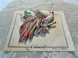 CHARMING Vintage Large Pot Metal and Enamel Brooch, Exotic Bird and Flowers Pin, Lovely Colors, Original Card, Collectible Jewelry