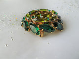STUNNING Mid Century Art Glass Brooch,Sparkling Emerald Green, Olive Green Crystal Rhinestones, Dazzling Design,Collectible Vintage Jewelry