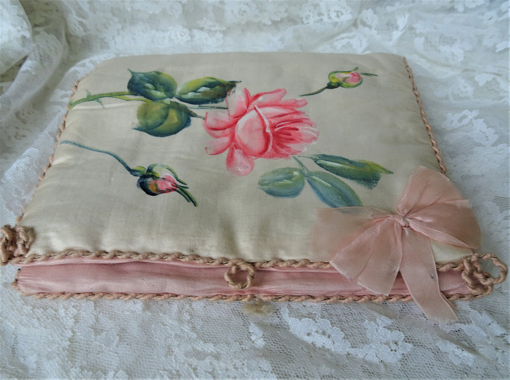 Antique FRENCH HANKY HOLDER Case,Hand Painted Pink Roses Handkerchief Fold,Hankie Keeper,Lingerie Case,Boudoir Hankies Display,French Decor