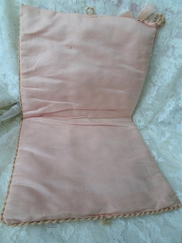 Antique FRENCH HANKY HOLDER Case,Hand Painted Pink Roses Handkerchief Fold,Hankie Keeper,Lingerie Case,Boudoir Hankies Display,French Decor