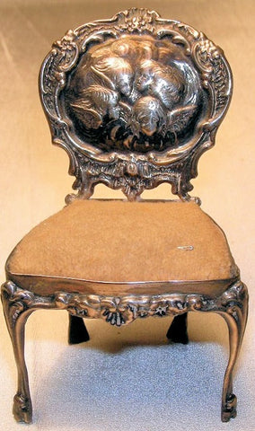 RARE  Sterling Silver Pin Cushion Antique Figural English Miniature Chair Authentic Old Cherub Angel Children Faces Needlework Sewing Tool