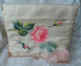 Antique FRENCH HANKY HOLDER Case,Hand Painted Pink Roses Handkerchief Fold,Hankie Keeper,Lingerie Case,Boudoir Hankies Display,French Decor