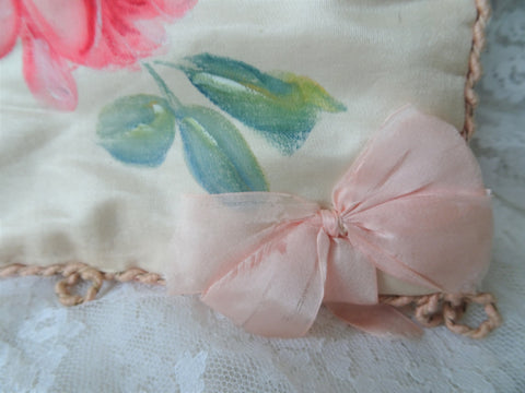 Antique FRENCH HANKY HOLDER Case,Hand Painted Pink Roses Handkerchief Fold,Hankie Keeper,Lingerie Case,Boudoir Hankies Display,French Decor