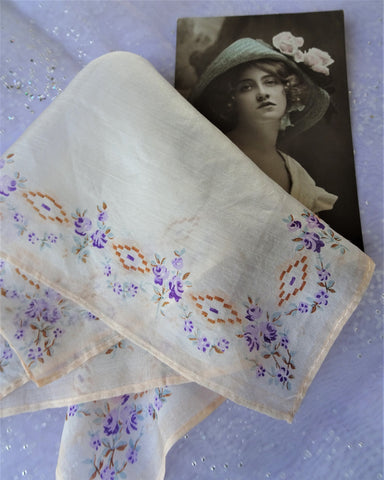 1920s ART DECO Hanky, Silk Hankies, Printed Purple Roses Hanky,Colorful Vintage Hankies,Collectible Vintage Hankies