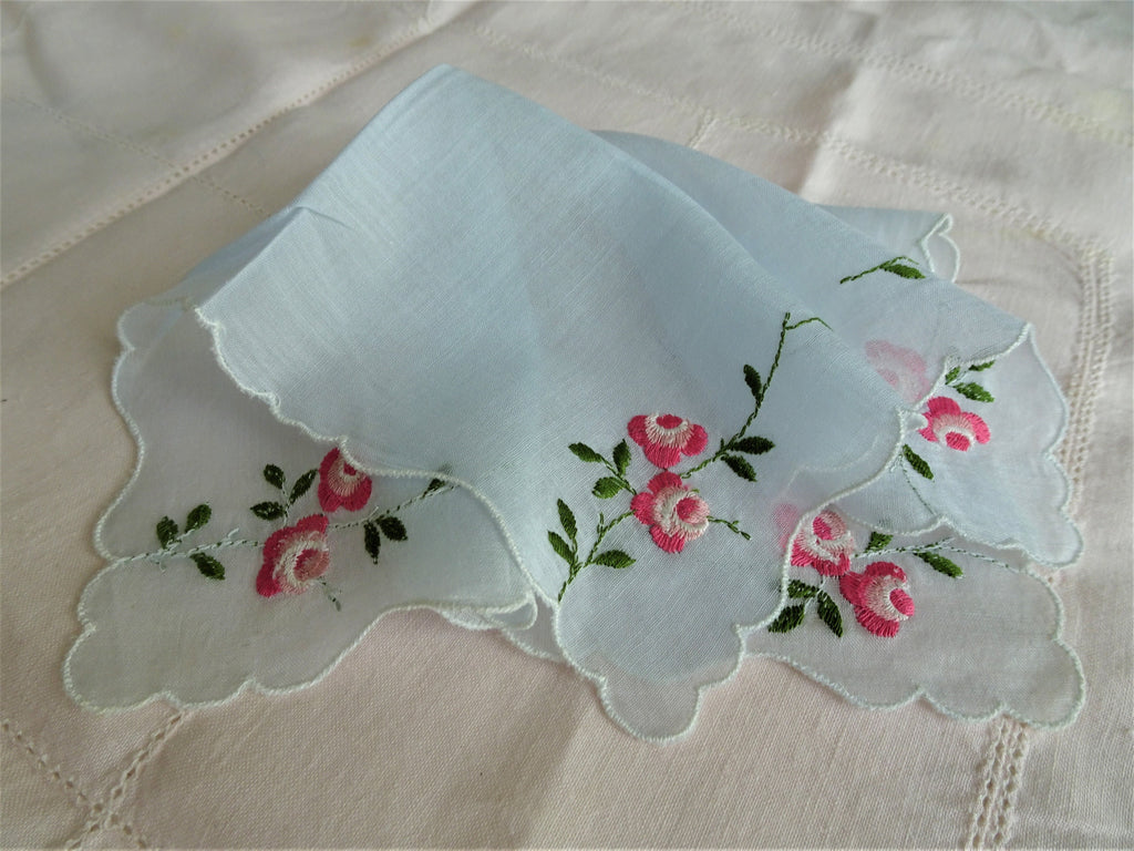 BEAUTIFUL Vintage Handkerchief,Blue Hanky Fine Workmanship Hankie, Hand Embroidery, Pink Roses,Bridal Hanky,Collectible Vintage Hankies