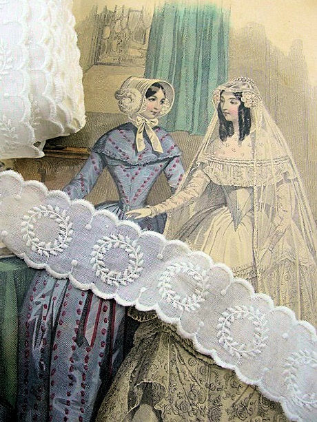 Antique French White On White Embroidered Trim Sweet Leaf Wreaths Scallop Edges Perfect For Dolls Christening Gowns Bonnets Bridal Weddings