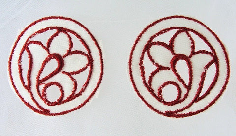 Lovely 1920s Art Deco Red Embroidered  Pair Cutwork Floral Appliques Great For Hats Bags Flapper Head Bands Dresses Downton Abbey Era