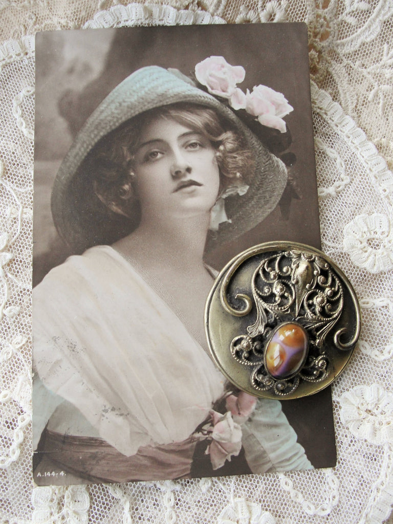 Antique Art NOUVEAU Victorian HUGE 2 Inch Fancy Button Highly Detailed FILIGREE Design With Art Glass Stone Very Rare Jewel Button