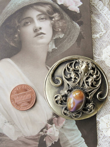 Antique Art NOUVEAU Victorian HUGE 2 Inch Fancy Button Highly Detailed FILIGREE Design With Art Glass Stone Very Rare Jewel Button