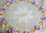 Lovely Vintage LARGE Hand Crochet FIGURAL PANSY Edged Doily Colorful Decorative, Romantic, Farmhouse, French Country, Cottage Decor Doilies