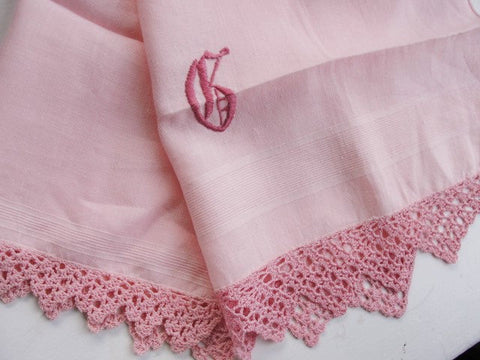 1930s Hand Embroidered and Crochet Lace Edged MADEIRA Linen Guest Powder Room Towel Lovely Rose Pink Monogram Chic Cottage Decor