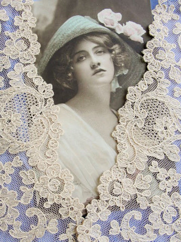 20s Antique  French Tulle Net Lace Tambor Embroidered Applique Lace CUFFS  Flapper Downton Abbey  Bridal Vintage Clothing Never Used