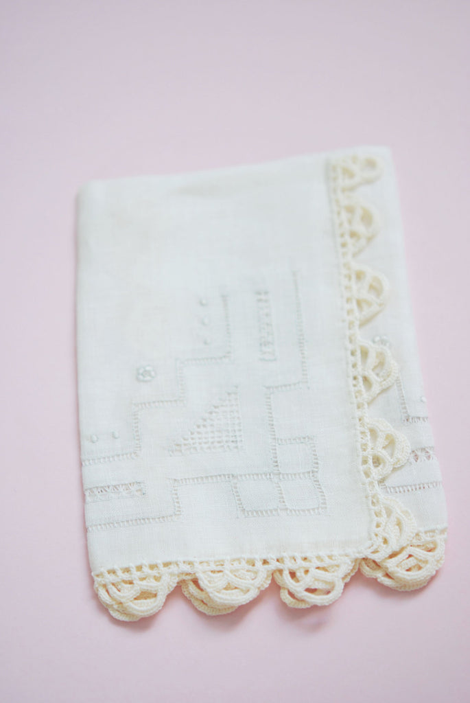 Antique WEDDING BRIDAL Hanky Drawn Thread Work Hankie Lace Edged Handkerchief