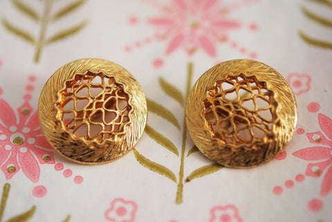 FABULOUS Gold Tone Clip On Earrings Retro EAMES ERA Style Pierced Open Work Textured Vintage Costume Jewelry