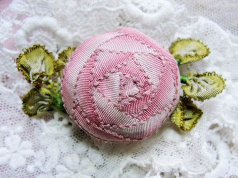 AUTHENTIC Antique French Ribbonwork Rose Bud Rosette Ombre Ribbon Flower 1920s Flapper Floral Pink High Dome Large French Ribbonwork Flower