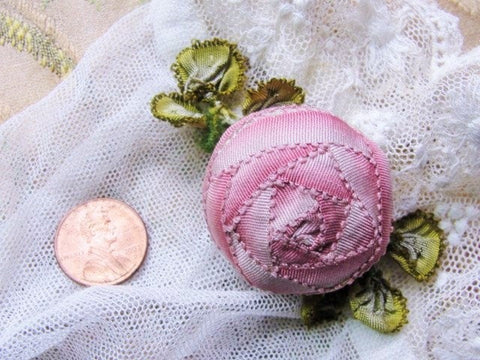AUTHENTIC Antique French Ribbonwork Rose Bud Rosette Ombre Ribbon Flower 1920s Flapper Floral Pink High Dome Large French Ribbonwork Flower