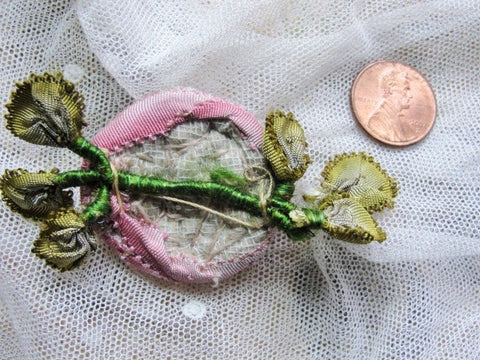 AUTHENTIC Antique French Ribbonwork Rose Bud Rosette Ombre Ribbon Flower 1920s Flapper Floral Pink High Dome Large French Ribbonwork Flower