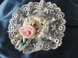 Lovely Antique French Ribbonwork Pink Rose Ribbon Flowers Rosettes Bud Flowers Lace Edged 20s Flapper Gatsby Perfect For Bridal Weddings