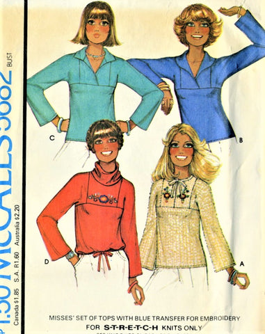 RETRO 70s McCalls 5682 Misses Boho Pullover Summer Tops Blouse Sewing Pattern + Embroidery Transfer Size Petite UNCUT