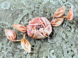 BEAUTIFUL French Ribbonwork Large Spray of Roses Buds Rosette Ribbon Flowers 1920s Flapper era Floral with Stamens Peachy Pink Never Used