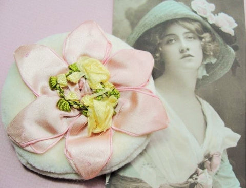 Lovely Antique French RIBBONWORK Pink and Yellow Roses Ribbon Flowers Rosettes Adorning POWDER PUFF 20s Boudoir Flapper Gatsby Decor