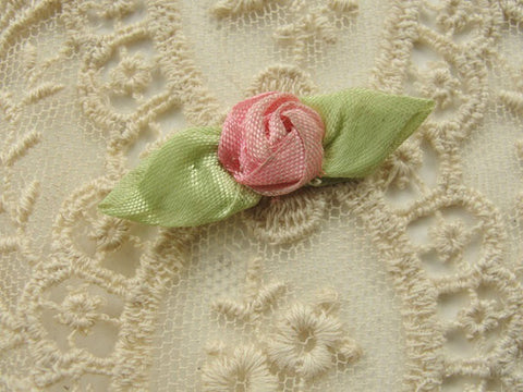 AUTHENTIC French Ribbonwork Pretty Pink Rose Bud Rosette Ribbon Flowers 1920s Flapper Bridal Downton Abbey Gatsby