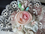 Lovely Antique FRENCH RIBBONWORK Pink Rose Ribbon Flowers Rosettes Bud Flowers Lace Edged 20s Flapper Gatsby Perfect For Bridal Weddings