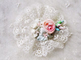 Lovely Antique FRENCH RIBBONWORK Pink Rose Ribbon Flowers Rosettes Bud Flowers Lace Edged 20s Flapper Gatsby Perfect For Bridal Weddings