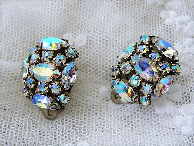 DAZZLING Signed SHERMAN Sparkling Aurora Borealis Rhinestone Clip On Earrings Vintage Costume Jewelry