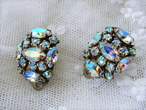 DAZZLING Signed SHERMAN Sparkling Aurora Borealis Rhinestone Clip On Earrings Vintage Costume Jewelry