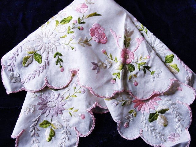 BEAUTIFUL Antique Heavily Embroidered Silk Handkerchief Hanky Lots of Raised Handwork Perfect For Bride Special Wedding Hankie
